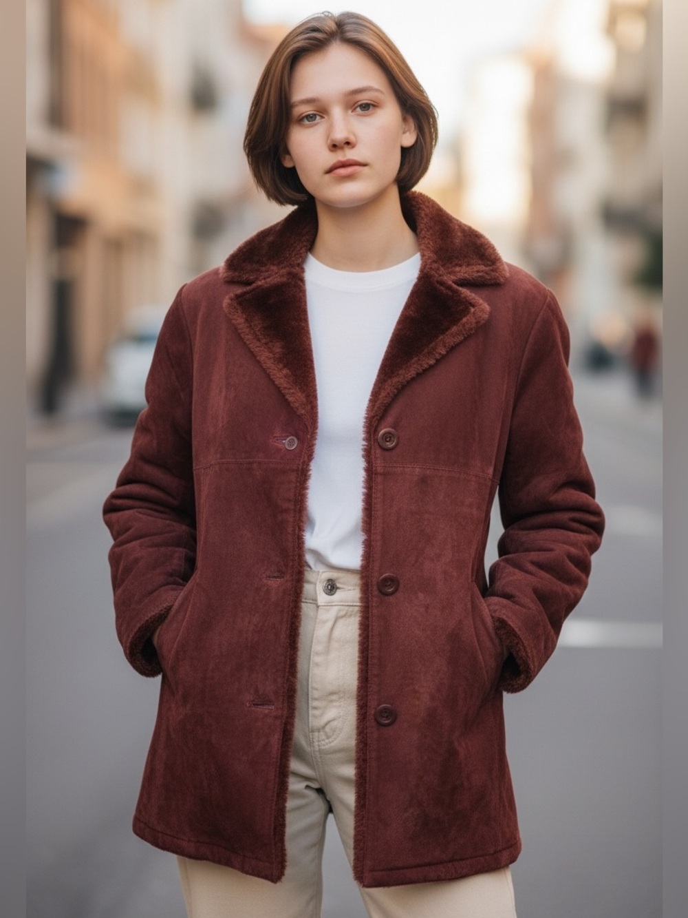 90s D' CARLO SUEDE LEATHER BURGUNDY SOFT COZY FAUX SHEARLING FUR LINING SZ SP